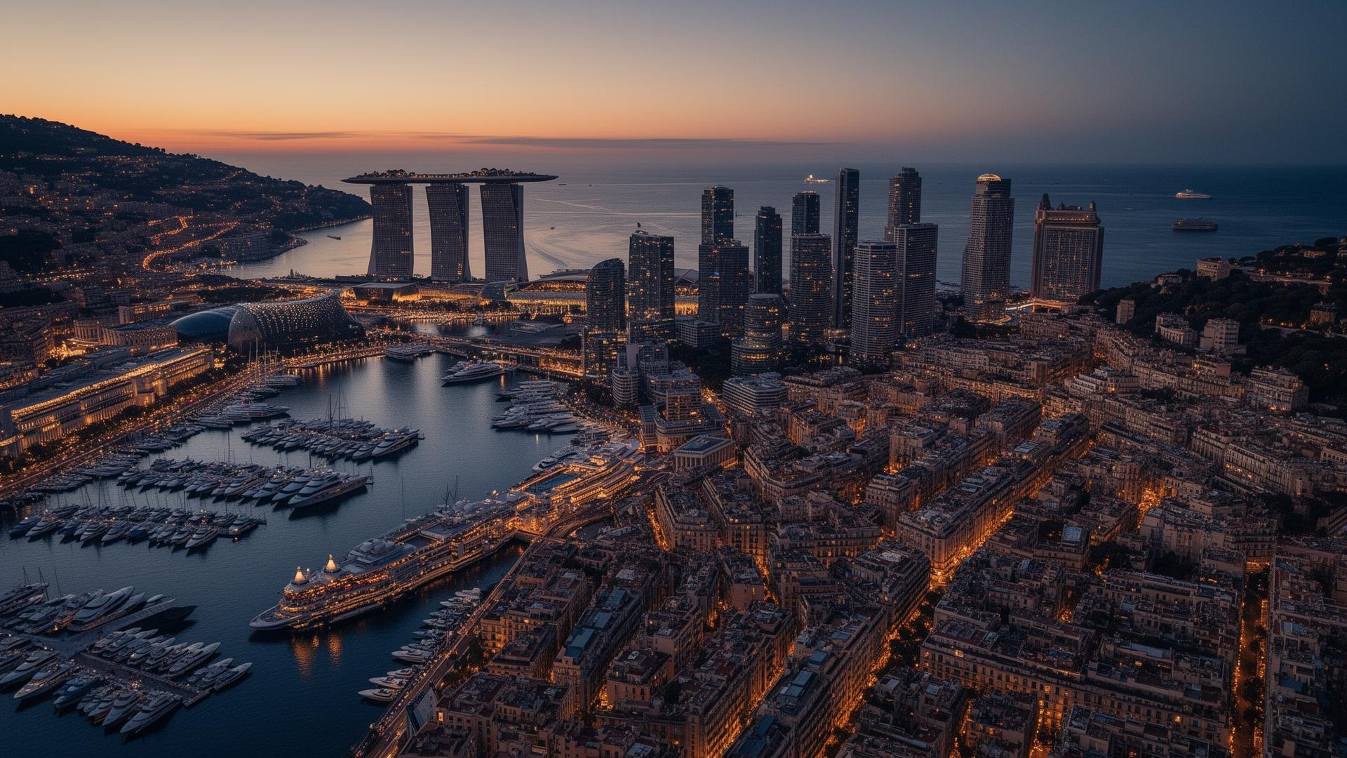 Twilight skyline of an international financial harbor